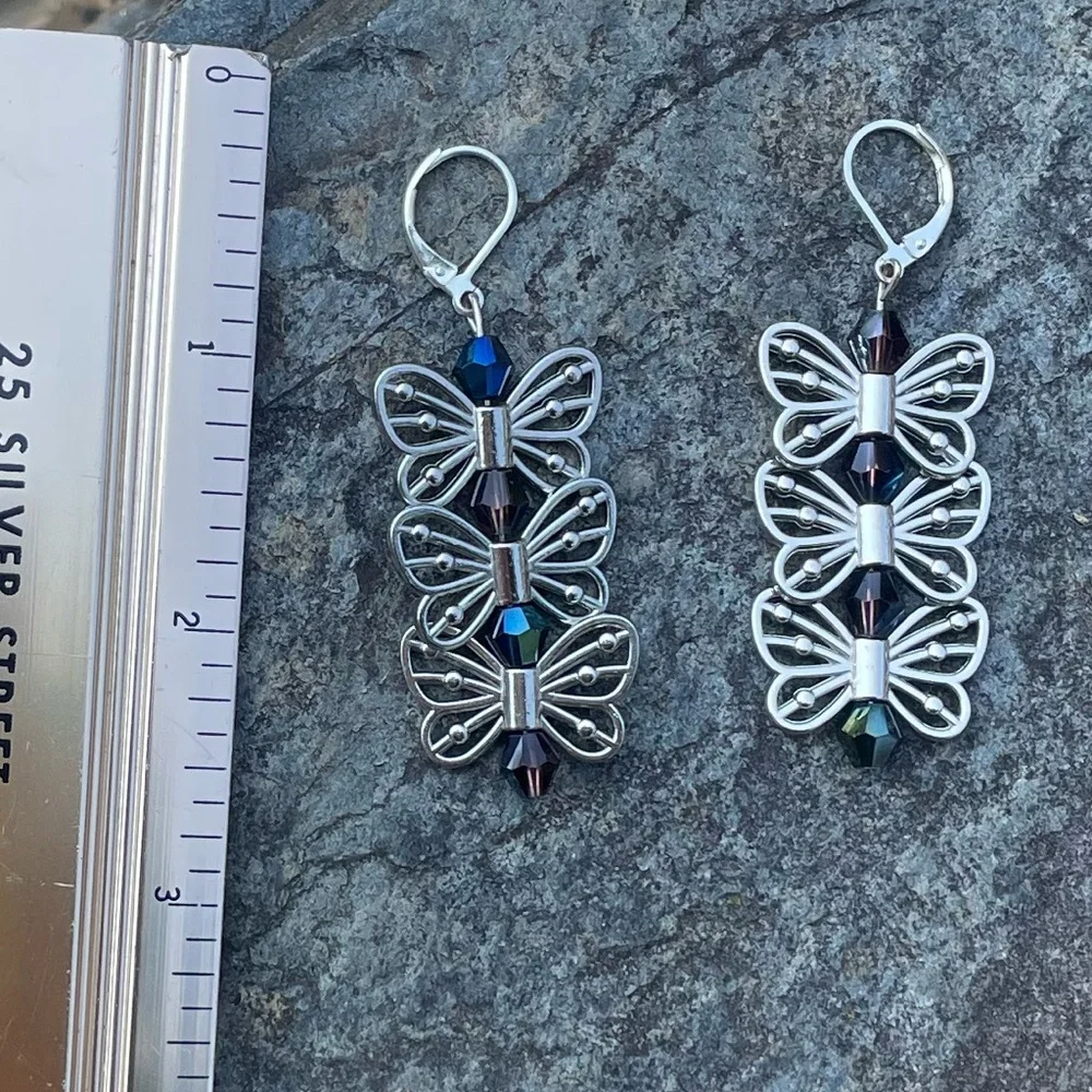 Silver Butterfly Dangly Crystal Drop Earrings